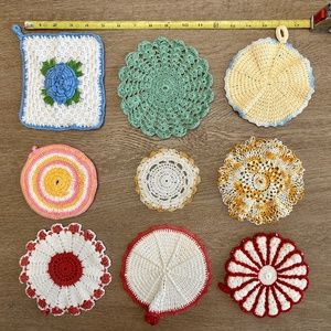 9 Vintage handmade doilies, variety of colors; all 5.5" diameter/square or less